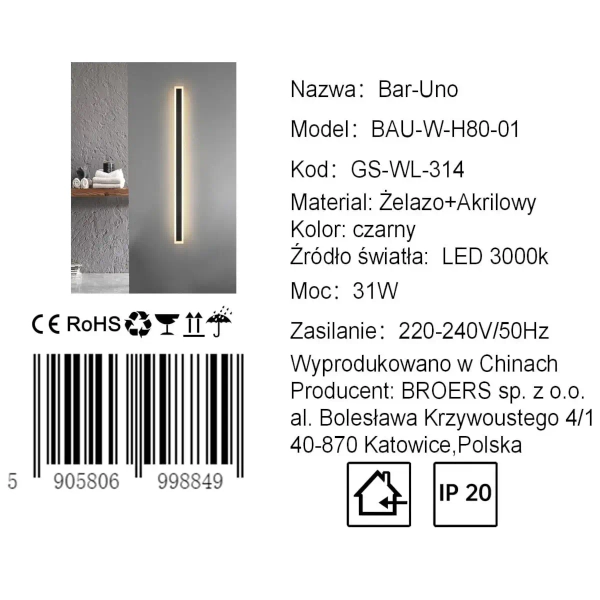 Lampa ścienna podłużna BAR-UNO CGBARUNO80 LED 31W 3000K czarna