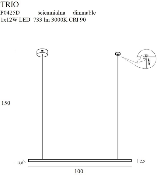 Minimalistyczna LAMPA wisząca TRIO P0425D Maxlight metalowa listwa LED 12W 3000K nad blat złota