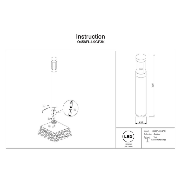 Stojący słupek tarasowy Vint O458FL-L9GF3K Maytoni IP65 podłużny grafitowy