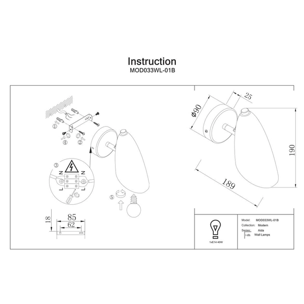 Regulowany kinkiet ścienny do czytania Aida MOD033WL-01B Maytoni czarny