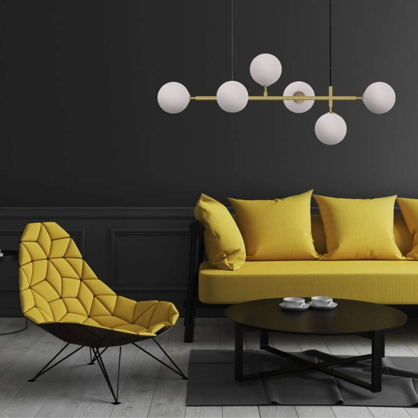 Modernistyczna lampa wisząca ALISA LP-005/6P WH Light Prestige metalowa oprawa szklane kule zwis złoty biały