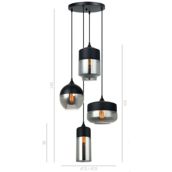 Loftowa LAMPA wisząca MOLINA MDM-4364/4 BK+SG Italux szklana OPRAWA skandynawski ZWIS kaskada czarna przydymiona