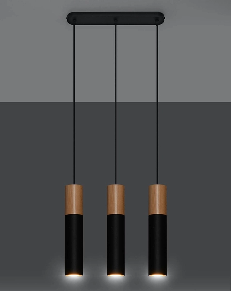 Wisząca LAMPA skandynawska SL.0634 metalowa OPRAWA hygge ZWIS tuby drewniane czarne