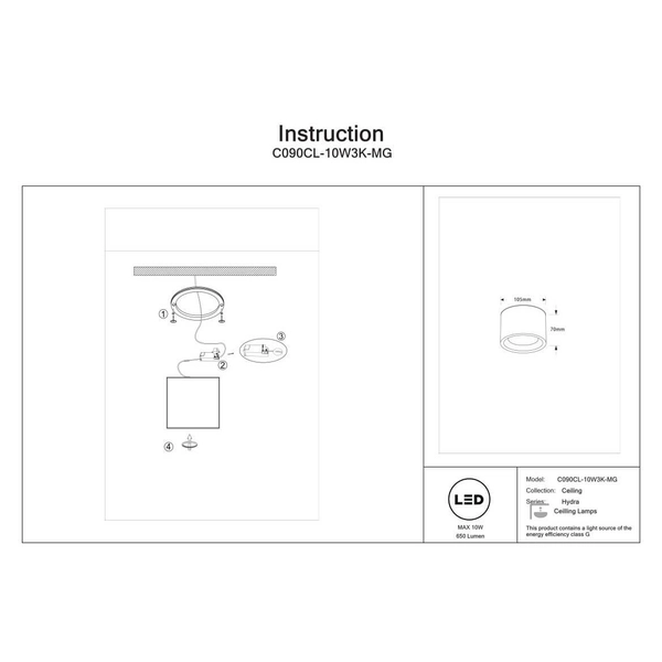 Nasufitowa lampa Hydra C090CL-10W3K-MG LED 10W 3000K IP44 krążek złota