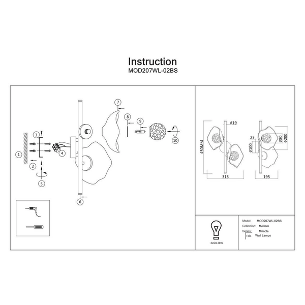 Lampa ścienna do salonu Miracle MOD207WL-02BS szklana mosiądz przezroczysta