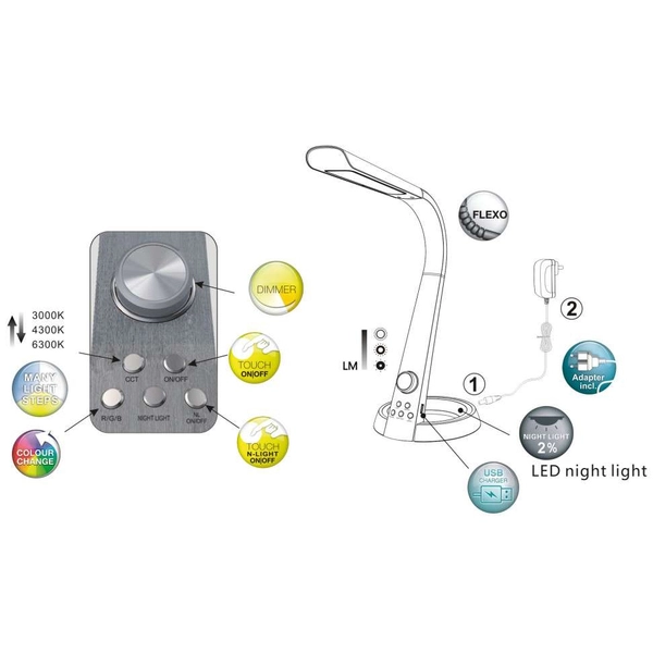 Elastyczna LAMPA stojąca MITTI 58376S Globo regulowana LAMPKA biurkowa LED 8W 3000K - 6300K z portem USB srebrna