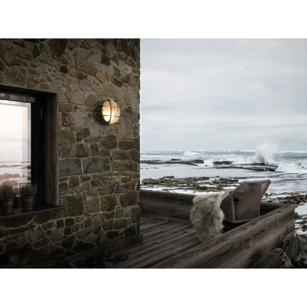 Okrągła lampa ścienna na taras Polperro 49021035 IP64 mosiądz