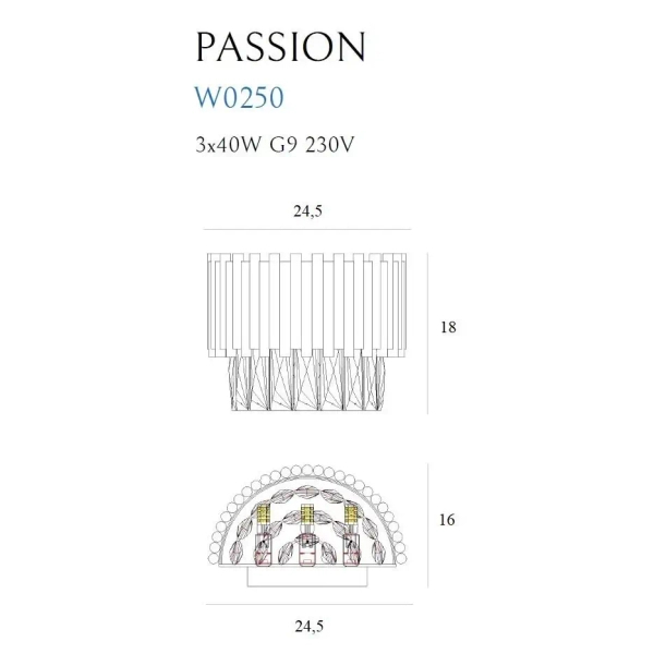 Kinkiet LAMPA ścienna PASSION W0250 Maxlight półokrągła OPRAWA glamour kryształki crystal złote przezroczyste