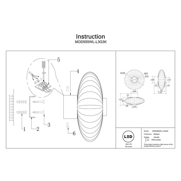 Lampa ścienna Amulet MOD555WL-L3G3K LED 3W 3000K złoty przezroczysty