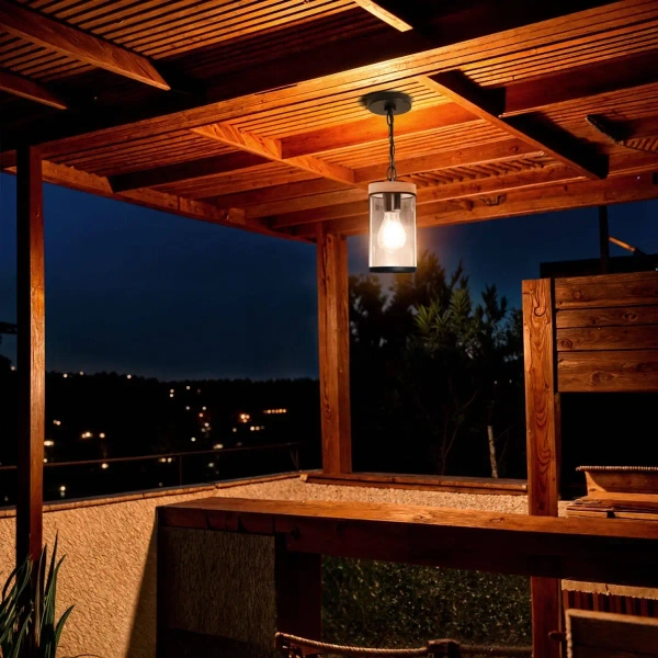 Wisząca lampa na taras Finto ABR-LWZIP44-D IP44 czarna drewniana