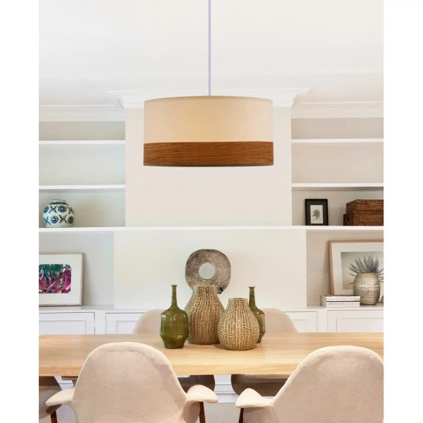 Wisząca lampa nad stół Bianco 31-17536 materiałowa biały drewniany