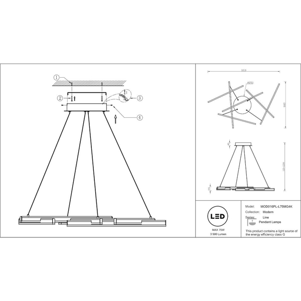 Ledowa lampa wisząca Line MOD016PL-L75MG4K LED 75W 4000K złota