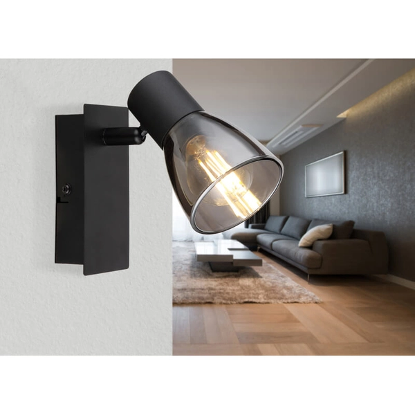 Lampa ścienna Claude 54307-1 z włącznikiem czarna przydymiona