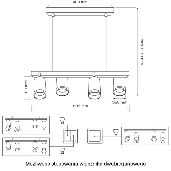 Wisząca lampa nad stół z reflektorkami PARIS 325358 czarny
