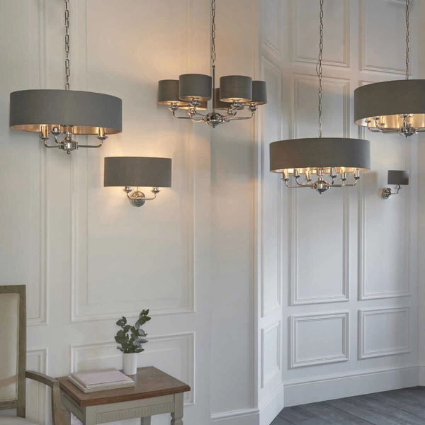 Wisząca lampa do salonu Highclere 94381 Endon z abażurami szara nikiel