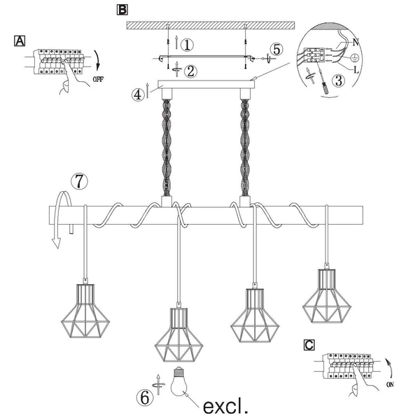 LAMPA wisząca PRISKA 54017-4H Globo belka OPRAWA skandynawska ZWIS liny brązowe czarne