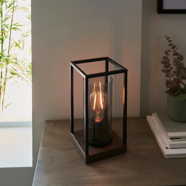 Industrialna stołowa lampa Caleb 93036 ramka czarna brązowa