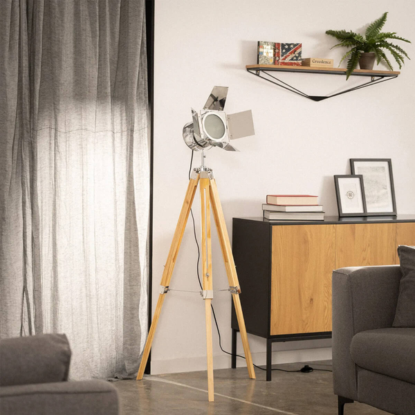Stojąca lampa Retro ABR-RRV-S-E27 Abruzzo drewniany reflektor srebrny