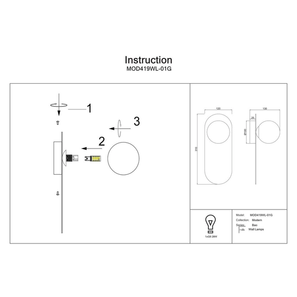 Lampa ścienna na przedpokój Bao MOD419WL-01G Maytoni kula złoty biały