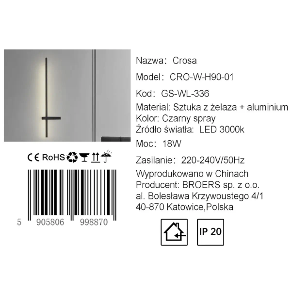 Metalowy kinkiet ścienny CROSA CGCROS90 LED 18W 3000K czarny