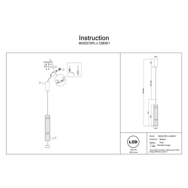Zwieszana lampa Ordo MOD272PL-L12B3K1 LED 8W 3000K czarny przezroczysty