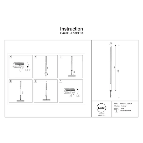 Słupek stojący tarasowy Pole O440FL-L18GF3K Maytoni IP65 pręt grafitowy