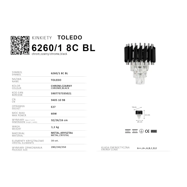 Glamour naścienna lampa Toledo 6260/1 8C BL kryształowy czarny chrom