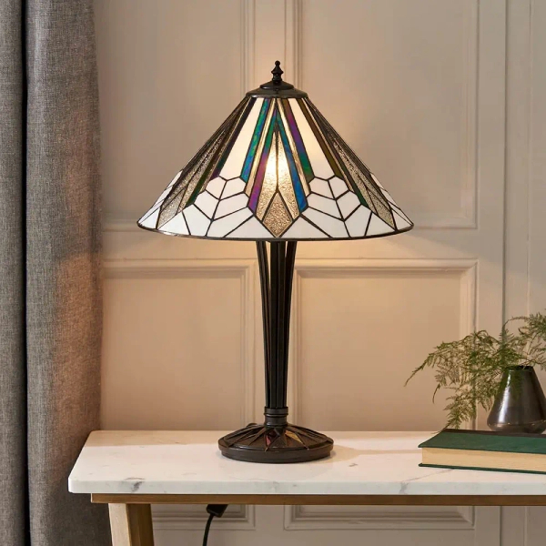 Szklana lampa nocna Astoria 63939 witrażowa do sypialni brązowa kolorowa