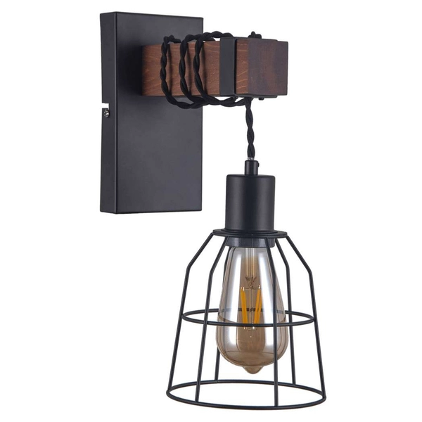 Kinkiet LAMPA ścienna REDA WL-4793-1-L Italux metalowa OPRAWA druciana klatka industrialna drewno czarna