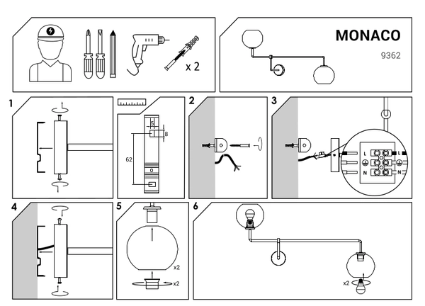 2-płomienny kinkiet skandynawski Monaco 9362 pokojowy czarny