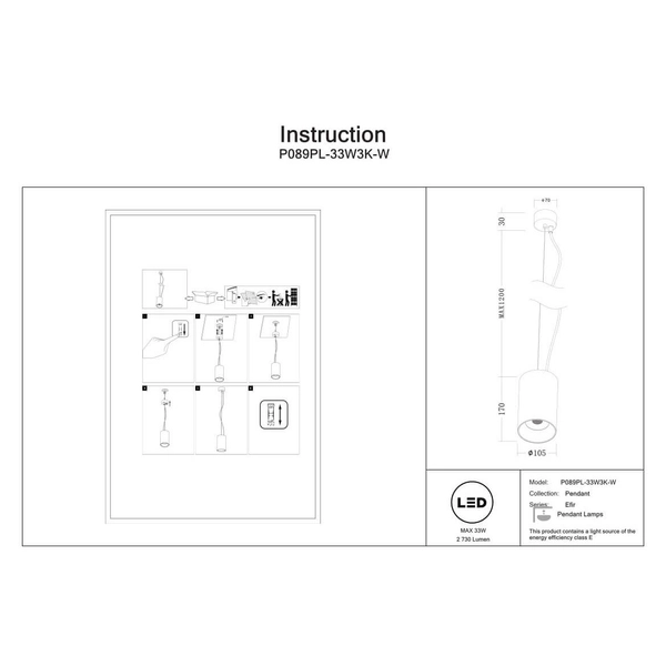 Nowoczesna lampa tubka Efir P089PL-33W3K-W LED 33W 3000K wisząca biały