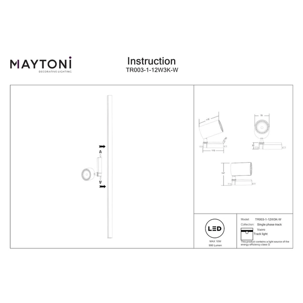 Nasufitowa lampa 1-fazowa Vuoro TR003-1-12W3K-W LED 10W 3000K biały