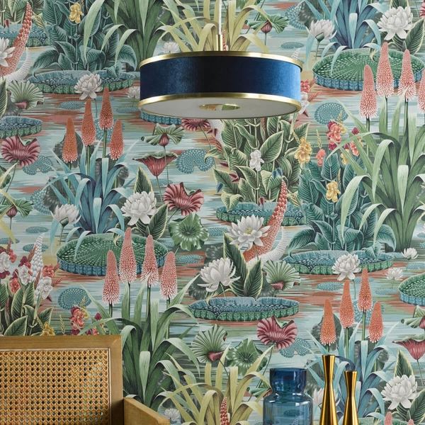 Materiałowa lampa wisząca Alvaro ALV1023 okragła mosiądz niebieski