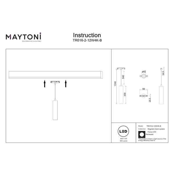 Wisząca lampa do szyn magnetycznych Focus TR016-2-12W4K-B LED 12W 4000K sopel czarna