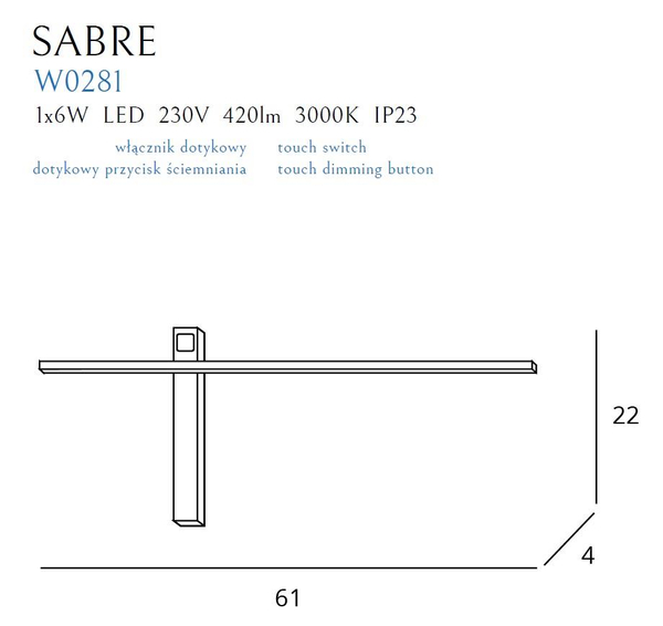 Kinkiet LAMPA ścienna SABRE W0281 Maxlight metalowa OPRAWA loftowa LED 6W 3000K pręt czarny