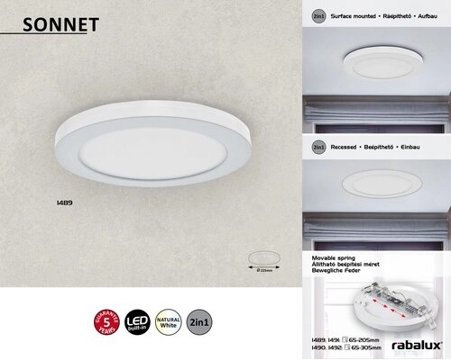 Wpust LAMPA sufitowa SONNET 1489 Rabalux metalowa OPRAWA okrągła LED 18W 4000K plafon biały