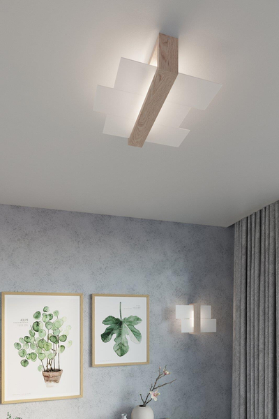 Plafon LAMPA sufitowa SL.0076 szklana OPRAWA drewno naturalne