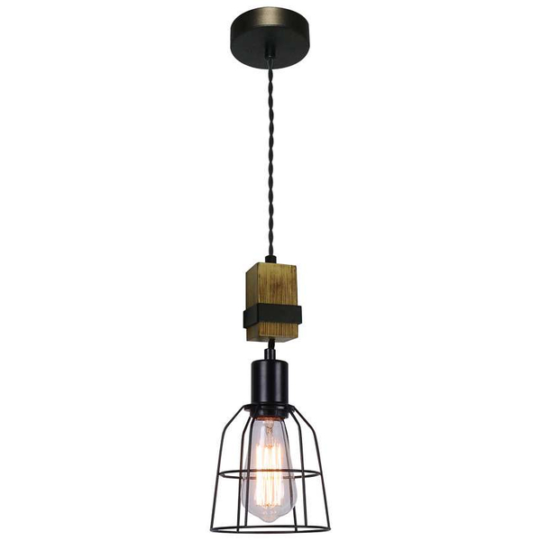 Industrialna LAMPA wisząca PONTE PND-4290-1-L Italux druciana OPRAWA metalowy zwis klatka drewno czarna