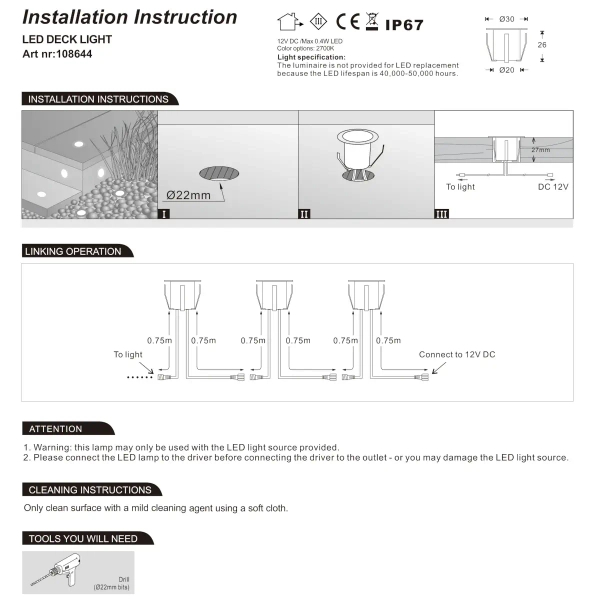 Wpustowy zestaw 6 spotów Unite 108644 Markslojd LED 0,4W 2700K IP44 chrom