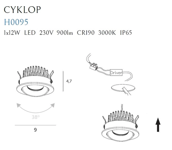 Sufitowa LAMPA wpuszczana CYKLOP H0095 Maxlight okrągła OPRAWA podtynkowa LED 12W 3000K oczko metalowe IP65 czarne
