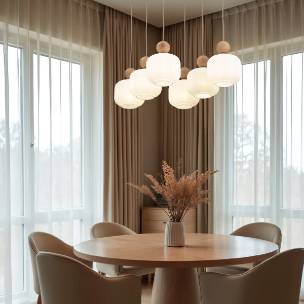 Salonowa lampa wisząca Ballo 11052 drewniana kulista biała beżowa