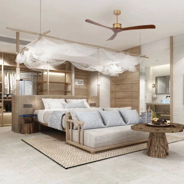 Sufitowy wentylator lato/zima 23002 do sypialni brązowy złoty