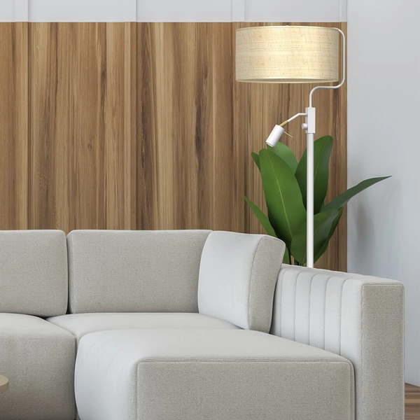 Podłogowa lampa stojąca Marshall do salonu biała ratan