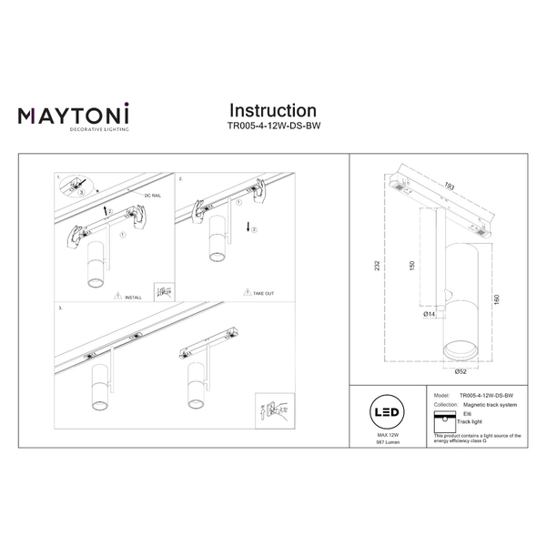 Kuchenna lampa do szyn Elti TR005-4-12W-DS-BW LED 12W 2700-6000K magnetyczna sopel biała czarna