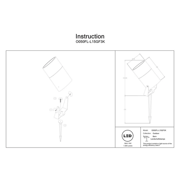 Gruntowa lampa z regulacją Bern O050FL-L15GF3K LED 15W 3000K IP65 grafitowy