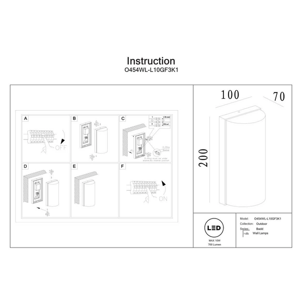 Lampa elewacyjna Badd O454WL-L10GF3K1 LED 10W 3000K IP54 grafitowy