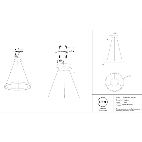 Wisząca lampa ring Rim MOD058PL-L22B3K LED 25W czarna