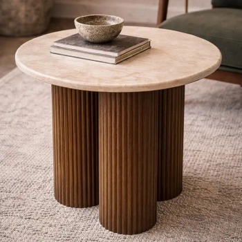 Beżowy stolik kawowy RAGNO MM001501100333 brązowy drewno dekor marmuru 50cm