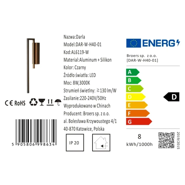Lampa ścienna do jadalni DARLA CGDARLA40 LED 8W 3000K metalowa czarna