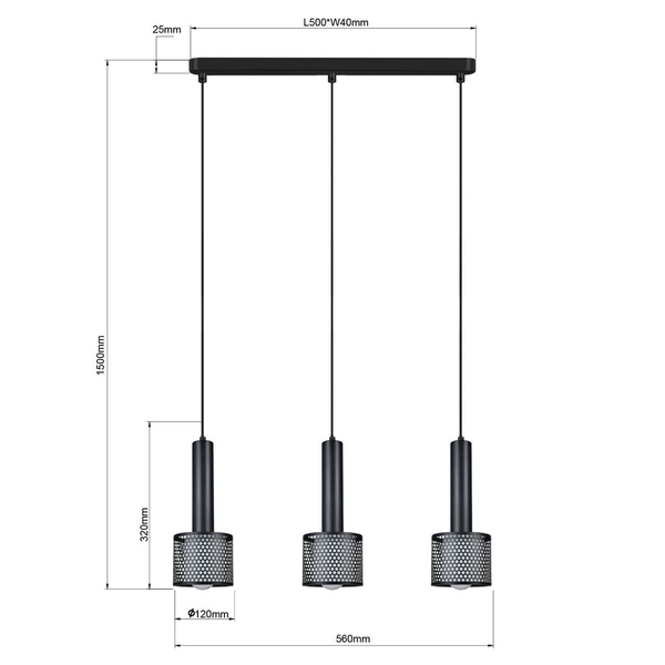 Wisząca lampa potrójna Amo LP-0702/3L BK do salonu metalowa czarna